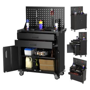 GangMei Tool Cart with Wheels and 2 Drawers, Metal Garage Storage Cabinet with Lockable Doors, Pegboard and 4 Hooks for Garage, Workshop, Tool Chest, Heavy Duty Work Bench, Black, Assembly Required