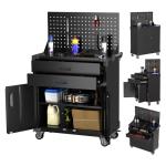 GangMei Tool Cart with Wheels and 2 Drawers, Metal Garage Storage Cabinet with Lockable Doors, Pegboard and 4 Hooks for Garage, Workshop, Tool Chest, Heavy Duty Work Bench, Black, Assembly Required