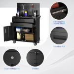 GangMei Tool Cart with Wheels and 2 Drawers, Metal Garage Storage Cabinet with Lockable Doors, Pegboard and 4 Hooks for Garage, Workshop, Tool Chest, Heavy Duty Work Bench, Black, Assembly Required