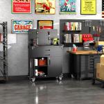 GangMei Tool Cart with Wheels and 2 Drawers, Metal Garage Storage Cabinet with Lockable Doors, Pegboard and 4 Hooks for Garage, Workshop, Tool Chest, Heavy Duty Work Bench, Black, Assembly Required