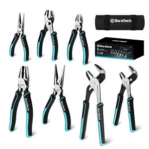 DURATECH 7-Piece Pliers Set with Rolling Pouch, Premium Cr-Ni Construction (10", 8" Groove Joint Pliers, 8", 6" Long Needle Nose, 8" Linesman, 6" Slip Joint, 6" Diagonal) for Basic Repair