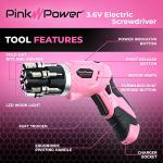 Pink Power Cordless Electric Screwdriver Set - 3.6V Rechargeable Pink Cordless Screwdriver Set for Women with Bubble Level and LED Light - Small Screw driver with Pivotal Handle and Fold-Out Bits