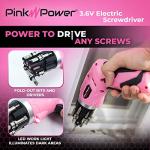 Pink Power Cordless Electric Screwdriver Set - 3.6V Rechargeable Pink Cordless Screwdriver Set for Women with Bubble Level and LED Light - Small Screw driver with Pivotal Handle and Fold-Out Bits