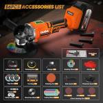 Cordless Angle Grinder Compatible for Dewalt 20V Max Battery, 3 Variable Speed, Brushless Motor with LED, Power Angle Grinder Tool Stand, Flap Disc Grinding,1x 4.0Ah Battery& Fast Charger, Orange