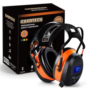 Gardtech Hearing Protection with Bluetooth, FM Radio Earmuffs, NRR 29dB Hearing Protection Headphones Noise Cancelling Headphones with MP3 for Mowing Lawn Work, Rechargeable BL-5B Battery (Orange)