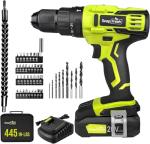 SnapFresh 20V Cordless Impact Drill-1/2" Power Drill/Driver Set,445in-lbs Torque Max,2 Variable Speeds, 43Pcs Bits w/case,2.0Ah Battery & Fast Charger Included, Power Tools
