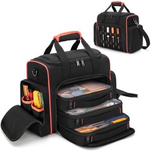 Marscamd Tool Bag with 3 Removable Cases, 2 Layers Tool Tote for Hand Tools, Black with Red Binding