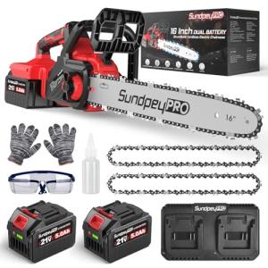 SundpeyPRO 16" Cordless Electric Chainsaw - 42V Brushless Dual Battery Powered Power Chain Saw With 2 x 5.0Ah Battery & Charger & Tool-Free Tensioner & Instant-Stop Chain Brake for Tree & Wood Cutting