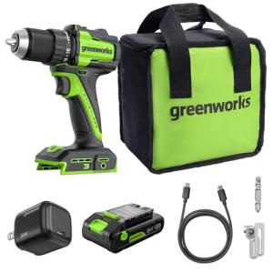 GREENWORKS 24V 1/2" Brushless Cordless Drill (400 In-lbs.), 2.0Ah (12,000mAh Power Bank) USB-C Batteries, 3.3 FT Braided Cable, 30W Charger