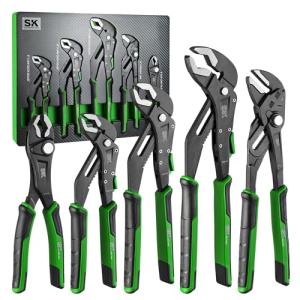 SK 5-Piece Pliers Set, 8" Adjustable Joint, 8", 10" and 12" Quick Adjust V-Jaw Groove Joint, 10" Pliers Wrench, Premium CR-V Construction, with EVA Foam Tool Organizer