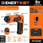 ENERTWIST 8V Cordless Electric Screwdriver, 82pcs 10Nm Max Fast Rechargeable Screwdriver Set with 1Hr Charger and Accessory Kit in Carrying Case, 21+1 Cluth, Dual Position Handle, ET-CS-8K