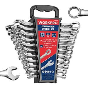 WORKPRO Mechanics Wrench Set Metric and Standard, 22PCS Complete Combination Wrenches Set. SAE 1/4" to 7/8", Metric 9mm to 19mm, Automotive Wrench Set with Rack Organizer