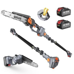 TaskStar 2-in-1 Pole Saw for Tree Trimming, 8 Inch Cordless Mini Chainsaw with Extension Pole, Brushless Motor, with 2 x 4.0 Ah Batteries & Charger, Auto Lubrication, 15 Ft Max Reach