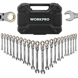 WORKPRO 22-Piece Flex-Head Ratcheting Wrench Set, Ratchet Combination Wrench Sets with Organizer Box, Nickel Plating, 72 Teeth, Metric 6-18mm & SAE 1/4-3/4"