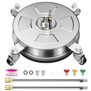 14" Pressure Washer Surface Cleaner with 4 Wheels, Stainless Steel Housing, 4000 PSI Max, 3 Connect Nozzles & 2 Extension Wands, Pressure Washer Surface Cleaner for Concrete, Patios, Sidewalks