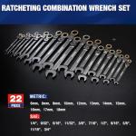 WORKPRO 22-Piece Flex-Head Ratcheting Wrench Set, Ratchet Combination Wrench Sets with Organizer Box, Nickel Plating, 72 Teeth, Metric 6-18mm & SAE 1/4-3/4"