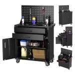 SUXXAN Black Tool Cart with Pegboard and 4 Hooks,Garage Storage Cabinet on Wheels with 2 Drawer,Industrial Service Utility Tool Cart for Mechanics, Garage, Workshop