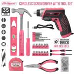 Hi-Spec 35-Piece Tool Kit with 3.6V USB Small Electric Screwdiver Set, Pink Drill Set for Women, Tool Kit for Home