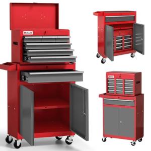 Tool Chest 7-Drawer | 40'' H Rolling Tool Chest with Wheels | Detachable Top Metal Tool Box | Garage Storage Cabinet for Repair Room,Warehouse | Rolling Tool Box with Hooks,Liners,Tray Divider | Red