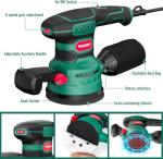 Orbital Sander 3.8Amp 450W, HYCHIKA 6 Variable Speeds Double Handle Palm Random Orbit Power Sander, 5-Inch Electric Sander with 20pcs Sandpapers, Dust Collector for Woodworking