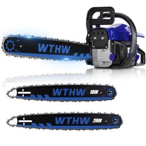 WTHW 58 cc Gas Powered Chainsaw, 20 in & 18 in Quick-Switch Bars – 550 ml Fuel 260 ml Oil Tanks, Automatic Chain Oiler, Centrifugal Air Filter, Quick Start, Inertial Chain Brake (WH5806)