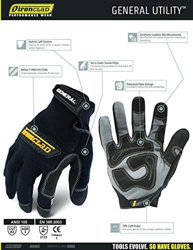 Ironclad General Utility Work Gloves, Performance Fit, Large