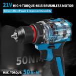 Torqnex Cordless Drill, 21V Brushless Drill Tool Set with 2-Pack 2Ah Fast Charging Batteries, electric drill tool set, Screwdriver set for Home Renovation, Gardening Tools