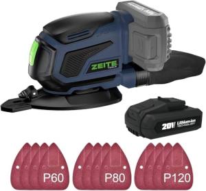 ZEITE 20V 2.0Ah Detail Sander Cordless, 13,000 OPM, 12Pcs Sanderpapers, Finger Sanding Design for Polishing of Small Details,Electic Sander for Woodworkiing, Dust Bag, Battery and Charger Included
