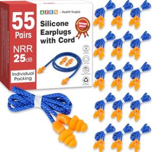 AZEN 55 Pairs Silicone Ear Plugs, Reusable Earplugs for Noise Reduction, 25dB NRR Corded Ear Plug for Sleeping Noise Cancelling, Ear Plug with String Individual Packing