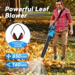 Leaf Blower Cordless,650 CFM & 160 MPH Electric Cordless Leaf Blower with 2 * 4.0Ah Batteries & Noise-Reduction Ear Muffs,3 Speed Powerful Blowing Ideal for Lawn Care, Blowing Leaves, Dust, Snow