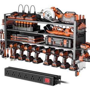 Heavy Duty Power Tool Organizer Wall Mount with Charging Station, Large Garage Organization with 10 cordless Drill Holder, 4 Layers Tool Organizers and Storage, Tool Rack with 6 Power Strip, Black