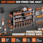 Heavy Duty Power Tool Organizer Wall Mount with Charging Station, Large Garage Organization with 10 cordless Drill Holder, 4 Layers Tool Organizers and Storage, Tool Rack with 6 Power Strip, Black