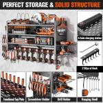Heavy Duty Power Tool Organizer Wall Mount with Charging Station, Large Garage Organization with 10 cordless Drill Holder, 4 Layers Tool Organizers and Storage, Tool Rack with 6 Power Strip, Black