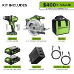 GREENWORKS 24V 1/2” Brushless Cordless Drill (400 In-lbs.) + 6.5” Circular Saw (4,800 RPM), (2) 2.0Ah (12,000mAh Power Bank) USB-C Batteries, Braided Cable, 65W Rapid Charger