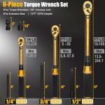 1/4 3/8 1/2-inch Drive Click Torque Wrench, 8Pcs Torque Wrench Set 10-230in.lb, 5-50ft.lb, 10-180ft.lb with Adapters, ±3% Accuracy, 72-Tooth Dual Scale Torque Wrenches for Bike, Moto, Car Repair