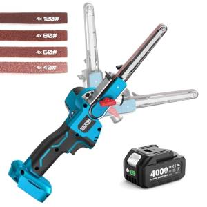 SEESII Cordless Detail File Sander: Belt Sander with Brushless Motor, 4.0 Ah Lithium-Ion Battery & Charger - 6 Speeds Max 2300FT/Min - 16 Sanding Belts(40#/60#/80#/120#) for Wood Metal Plastic