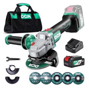 DCA Cordless Angle Grinder 4-1/2 inch, 20V Brushless Motor 8500RPM, Battery Grinder Tool-Free Guard, 4.0Ah Battery & Charger, Power Electric Cut Off Tool with 6 Discs for Cutting, Grinding, Polishing