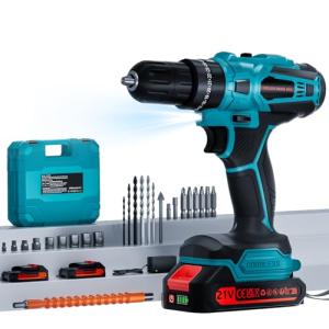 Cordless Drill with 2 Batteries and Charger, 21V Electric Drill Cordless, Portable Power drill Set, 3/8" Keyless Chuck, 2 Variable Speed, 25+ 3 Clutch, 398 In-lb Max Torque