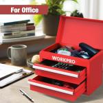 WORKPRO Mini Metal Tool Box with 2 Drawers and Top Storage, Small Tool Chest with PVC Liners and PP Feet Pads, Cold Rolled Steel Toolbox with Magnetic Tab