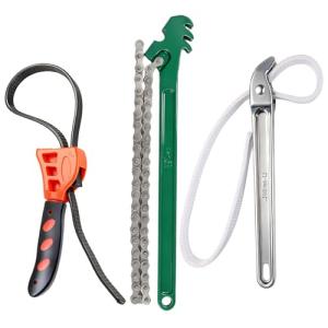 DEKELIY 3 Piece Wrench Set:16" Heavy Duty Ratcheting Chain Wrench,12" Aluminum Nylon Strap &6" Rubber Strap Wrench Plumbing,Non-Slip,Complete Spanner Tool Kit for Oil Filter& Household