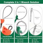 DEKELIY 3 Piece Wrench Set:16" Heavy Duty Ratcheting Chain Wrench,12" Aluminum Nylon Strap &6" Rubber Strap Wrench Plumbing,Non-Slip,Complete Spanner Tool Kit for Oil Filter& Household