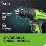 Greenworks 24V Cordless Drill/Driver Combo Kit, 310 in./lbs, 18+1 Position Clutch, 1/2" Keyless Chuck, Variable Speed, with 2 2Ah Battery, 8pcs Drill Bits and Tool Bag