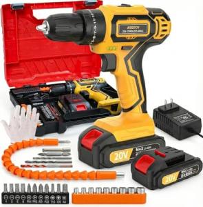 Aseboy Cordless Drill with Battery and Charger, 20V Electric Drill with 3/8" Keyless Chuck, 25+3 Torque Settings & Impact Mode for Drilling, Screwdriving, and Home Improvement(1Battery)
