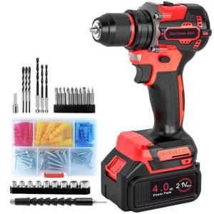 21V Cordless Brushless Power Drill Set with 4.0Ah Large Capacity Battery and Charger, 3/8-Inch Metal Keyless Chuck Electric Drill Driver, 25+1 Torque Setting, 2 Speed, 87pcs Drill kit for DIY Projects
