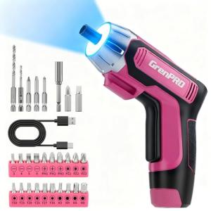GRENPRO 4V Electric Screwdriver Rechargeable 29pcs, Cordless Screwdriver, USB Small Power Screwdriver Set with Bits, Pink