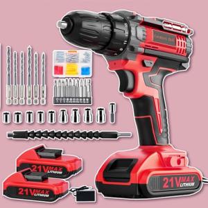 Cordless Drill, 21V Power Drill with Dual 2.0Ah Power Pack and Charger, Power Electric Battery Drills Set, 3/8" Chuck, 25+1 Torque, Compact Drills with 90 Accessories Tool for DIY, Home Repair & Gift
