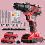 Cordless Drill, 21V Power Drill with Dual 2.0Ah Power Pack and Charger, Power Electric Battery Drills Set, 3/8" Chuck, 25+1 Torque, Compact Drills with 90 Accessories Tool for DIY, Home Repair & Gift