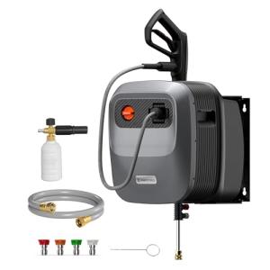 Giraffe Tools Grandfalls Retractable Pressure Washer G20, 2500 PSI 2.2 GPM, 180° Wall Mounted Power Washer, Auto-Retract with 65FT Hose Reel, 5 Nozzles for Floor/Cars/Fences/Patios, Dark Silver