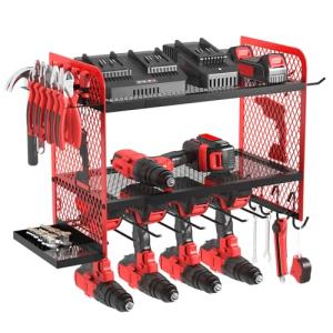 AZBESTPRO Power Tool Organizer Wall Mount Heavy Duty, 3 Tier 4 Drill Holder 17 Inch, Tool Holder and Storage Rack for Garage Organization (Red)