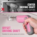 WORKPRO Electric Cordless Screwdriver with Offset Driving Shaft, 3.6V Automatic Rechargeable Screw Driver with 22PCS Bits, Battery Powered Automatic Screw Gun with LED Light & Carry Case - Pink Ribbon